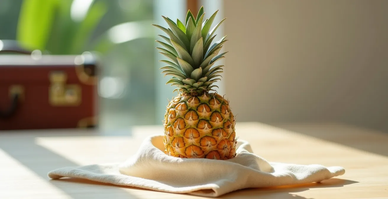 Ananas Victoria de La Réunion préparé pour le transport en bagage avec protection textile