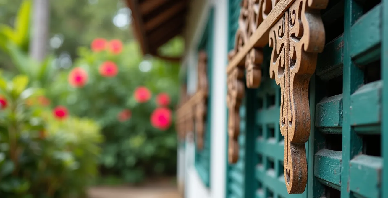 Détail architectural d'une case créole traditionnelle avec lambrequins à Hell-Bourg