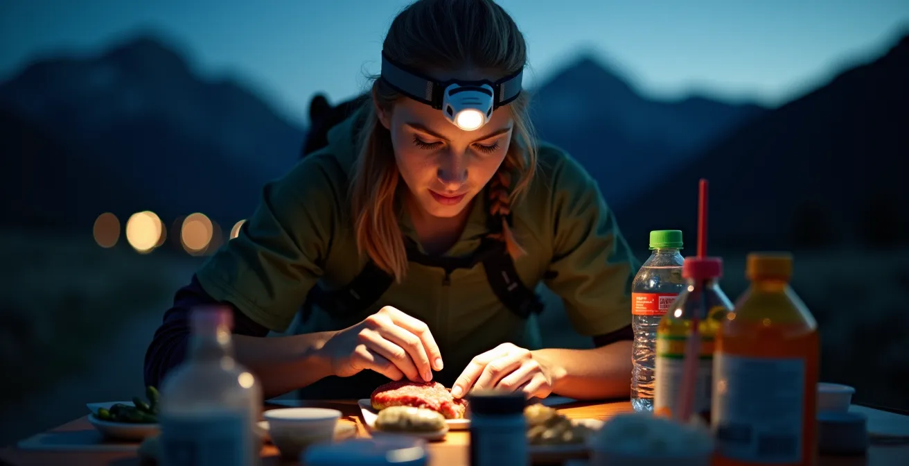 Assistant préparant le ravitaillement d'un coureur la nuit lors du Grand Raid de La Réunion