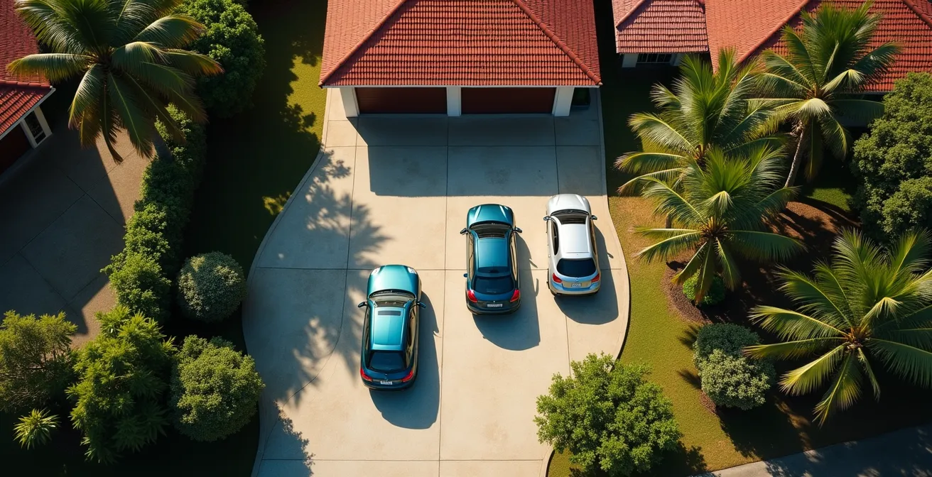 Vue aérienne d'une allée étroite de villa réunionnaise avec trois voitures garées en file