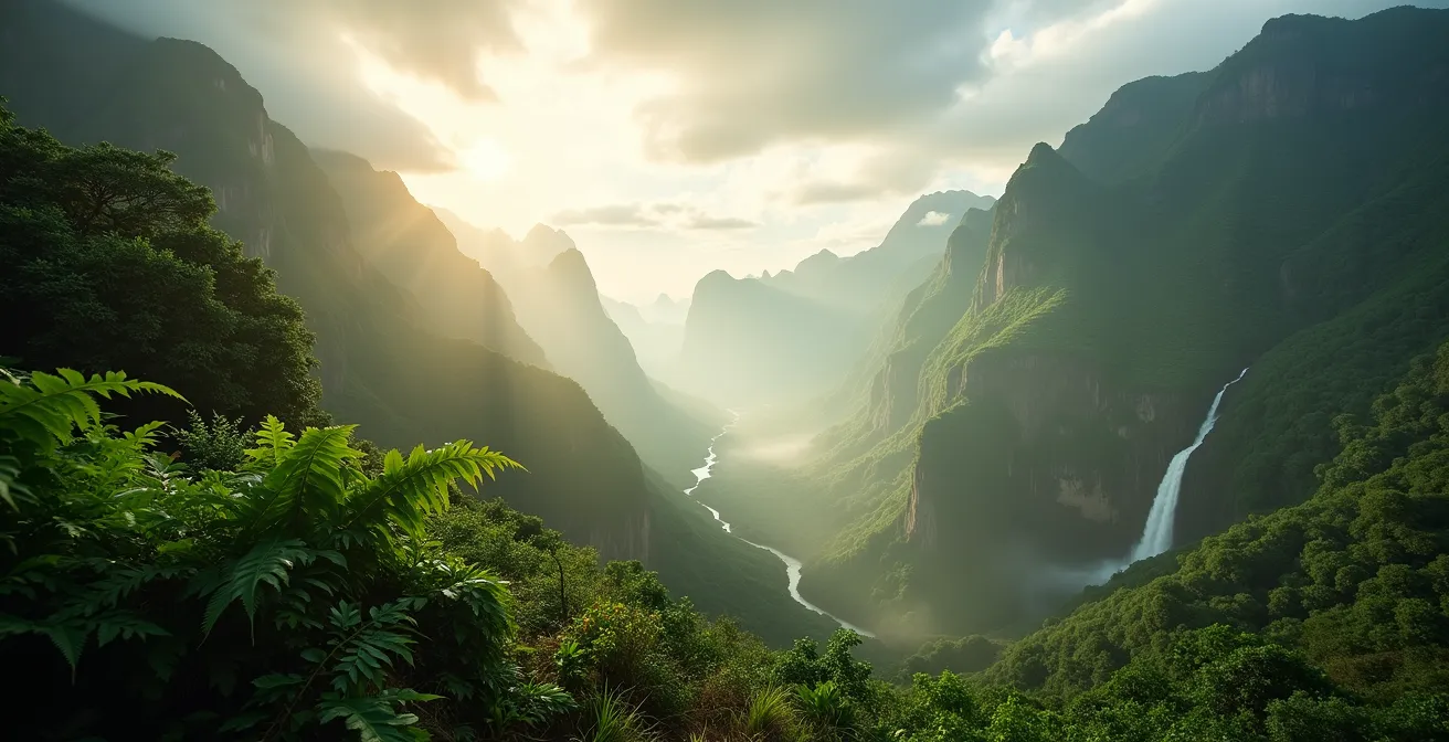 Brume matinale s'élevant des remparts verdoyants du cirque de Salazie