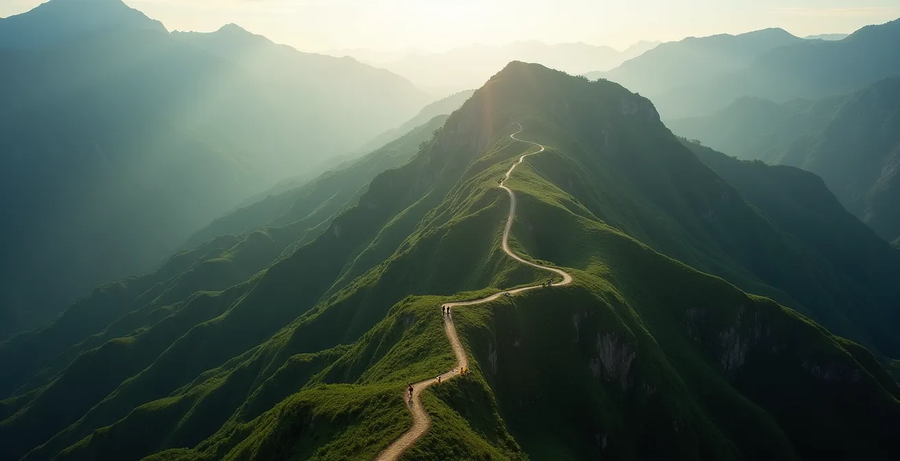 Vue aérienne des trois points d'accès au cirque de Mafate avec les sentiers serpentant dans la montagne