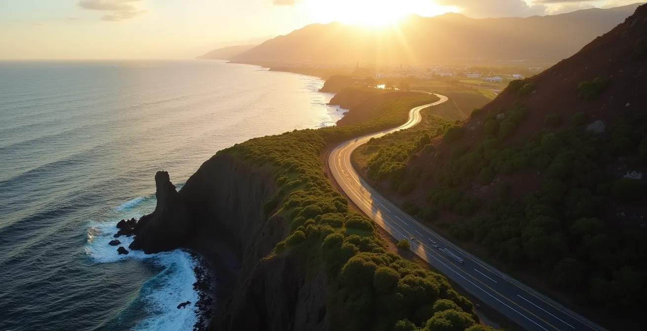 Vue aérienne de la route côtière ouest entre Saint-Gilles et Saint-Leu au lever du soleil
