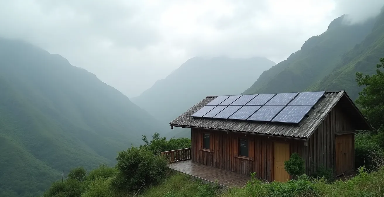 Installation de chauffe-eau solaire sur le toit d'un gîte de montagne réunionnais avec vue sur les cirques