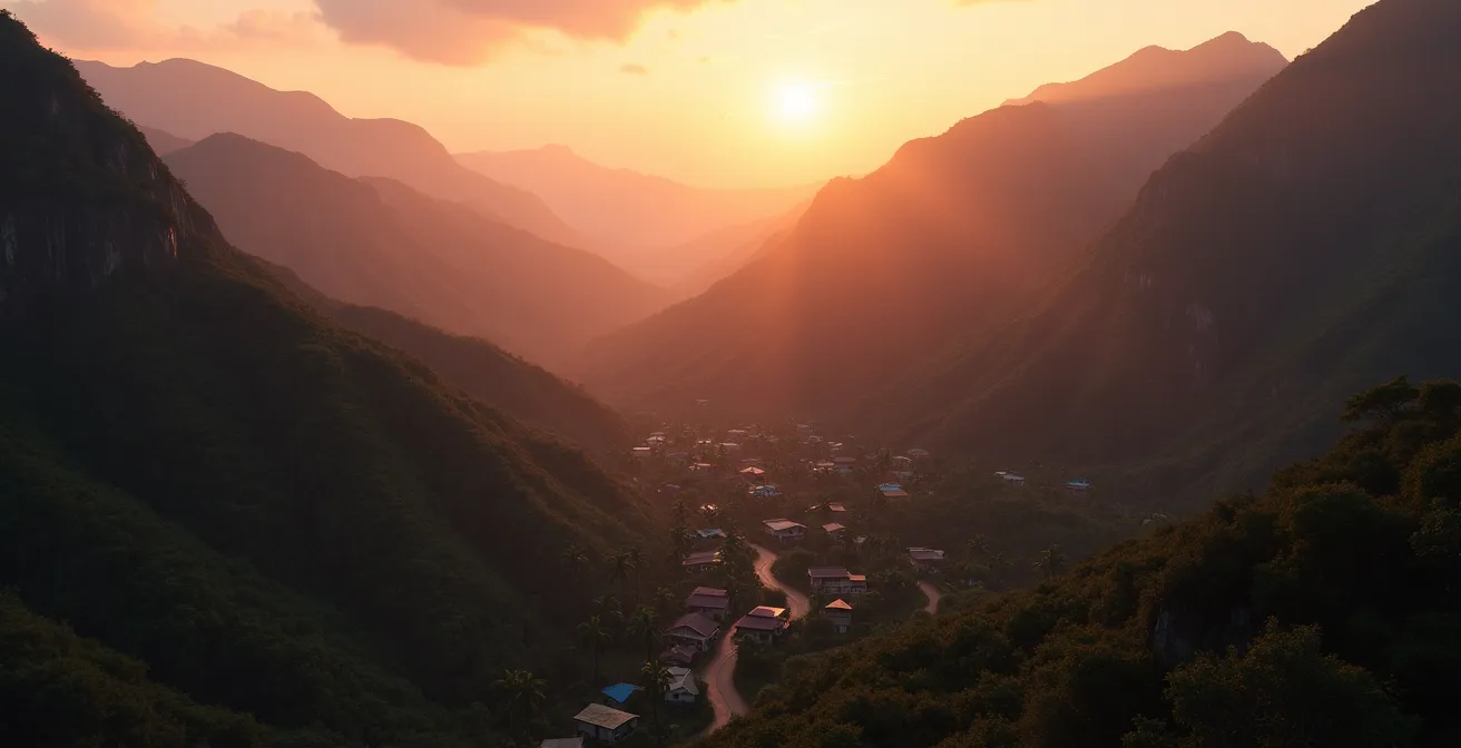 Vue aérienne d'un îlet isolé dans le cirque de Mafate au coucher du soleil, sans aucune infrastructure moderne visible