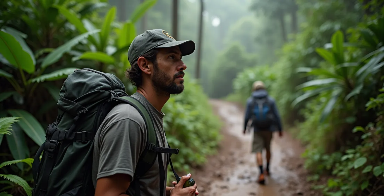 Deux randonneurs de profils différents sur un sentier tropical humide de La Réunion