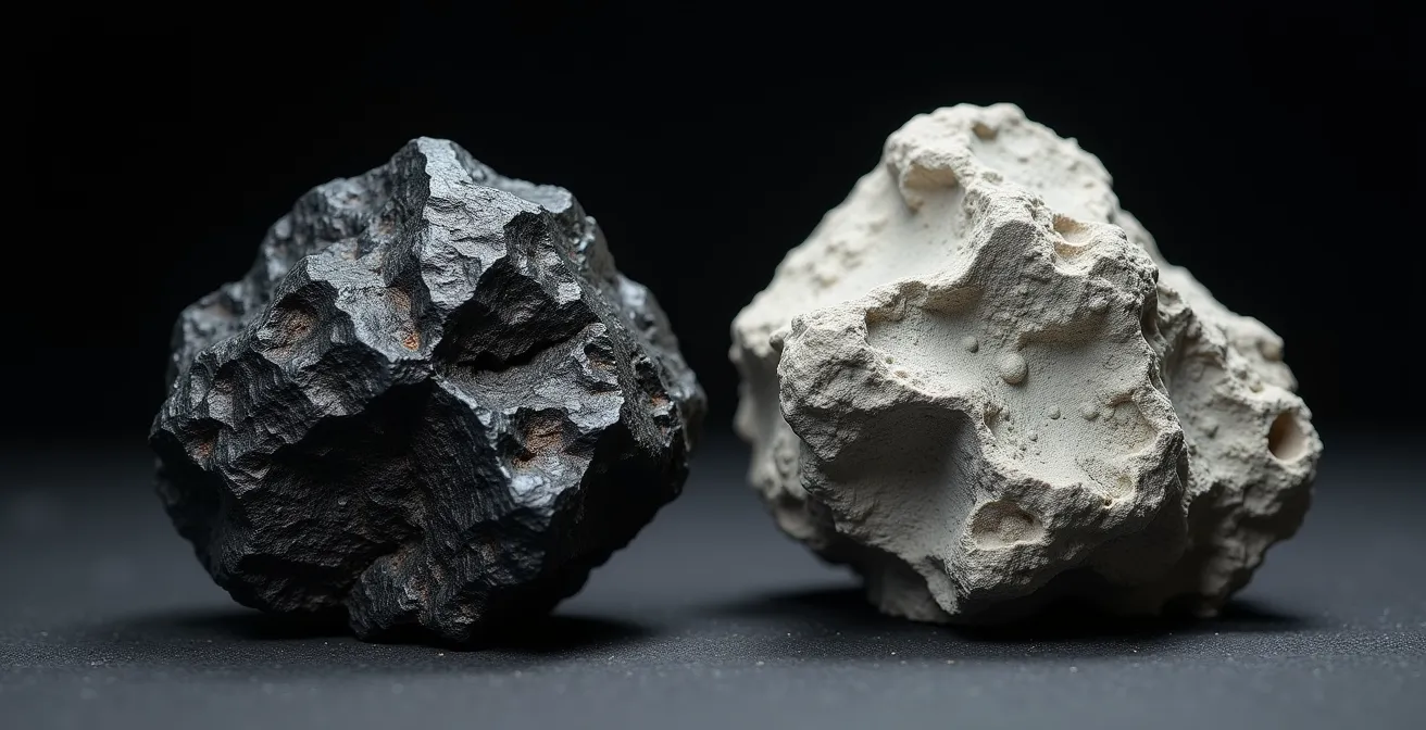 Comparaison macro de textures de basalte noir et trachyte clair du Piton des Neiges