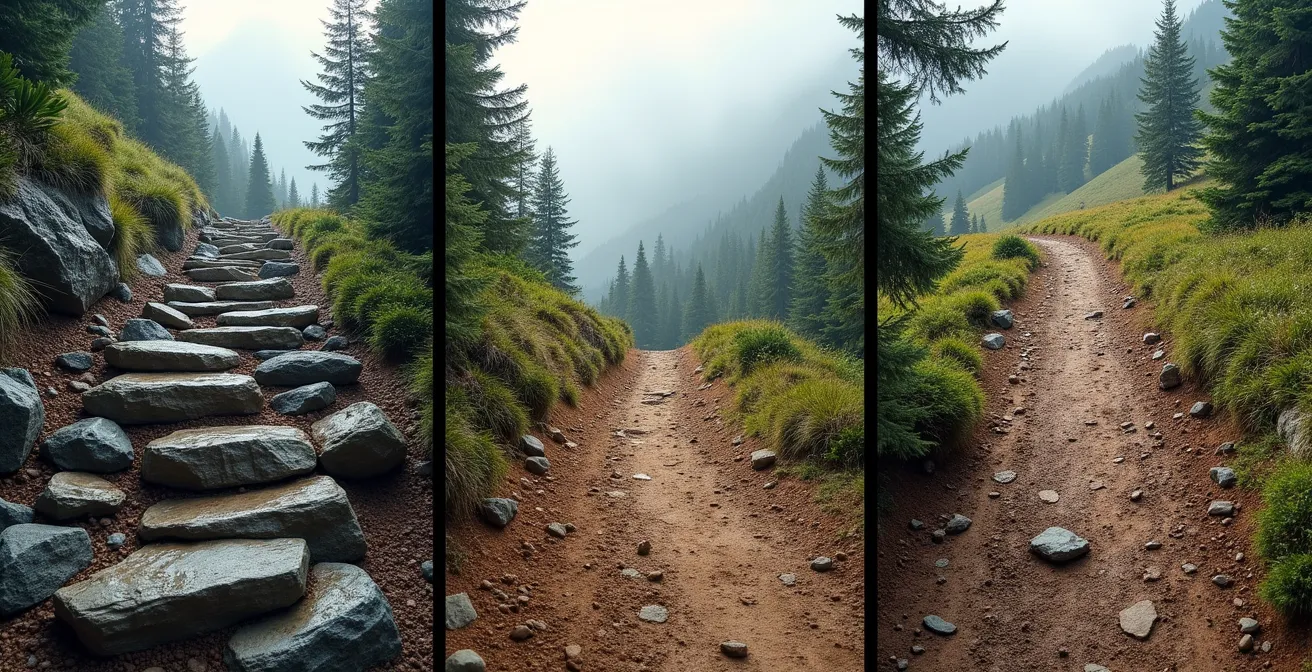 Comparaison visuelle des trois sentiers d'accès au Piton des Neiges avec profils d'élévation