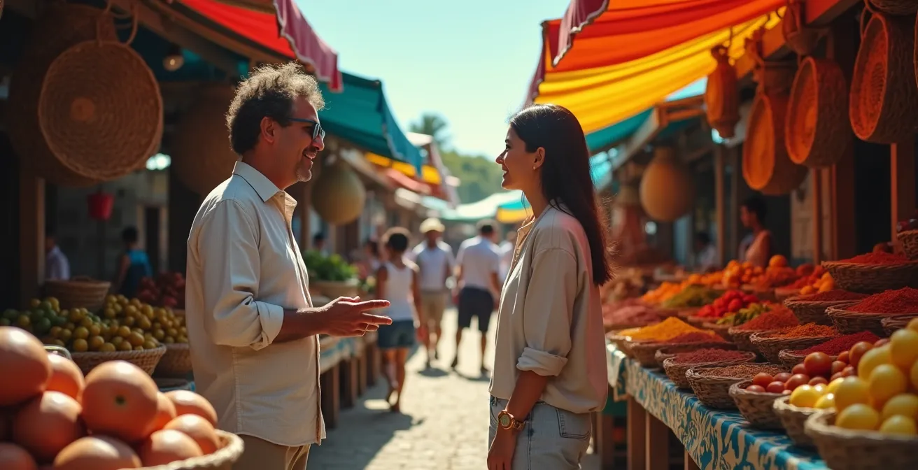 Échange chaleureux entre un touriste et des vendeurs locaux sur un marché réunionnais
