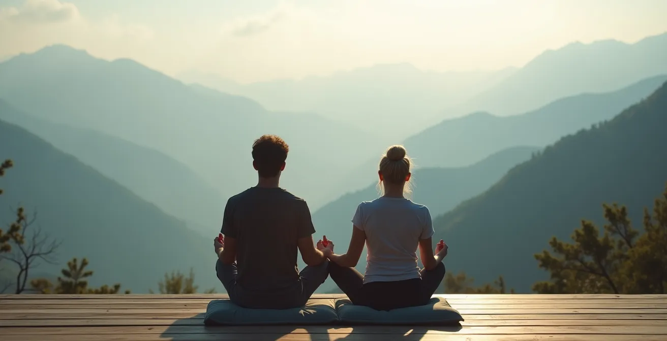 Couple en position de méditation face à un paysage montagneux sans aucun appareil électronique visible