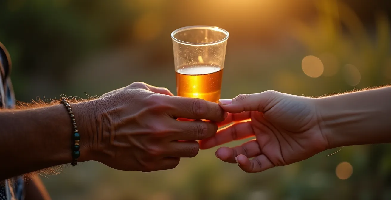 Détail macro de mains échangeant un verre de rhum lors d'un kabar