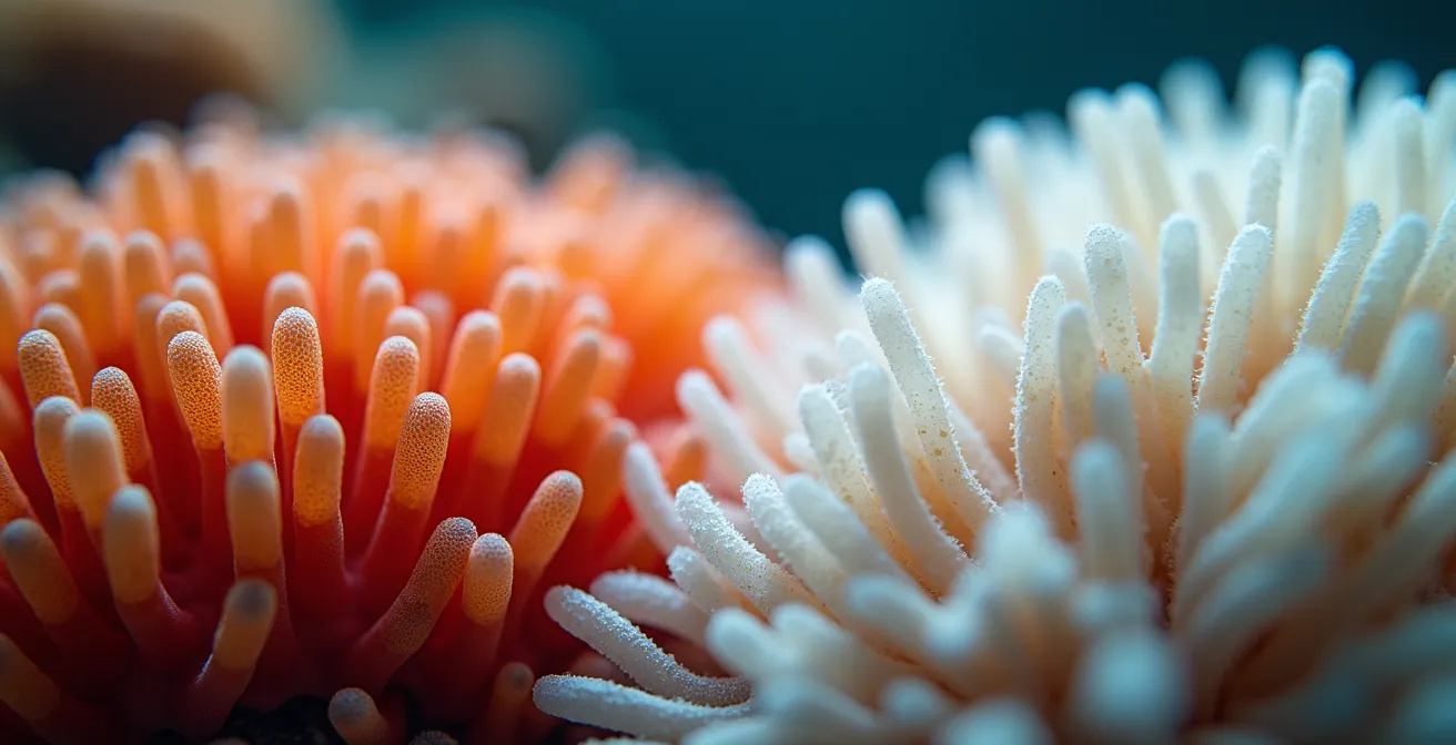 Vue microscopique de polypes coralliens en cours de blanchissement par stress chimique