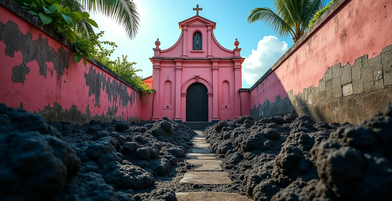 Façade rose de l'église Notre-Dame des Laves avec la lave noire solidifiée au premier plan