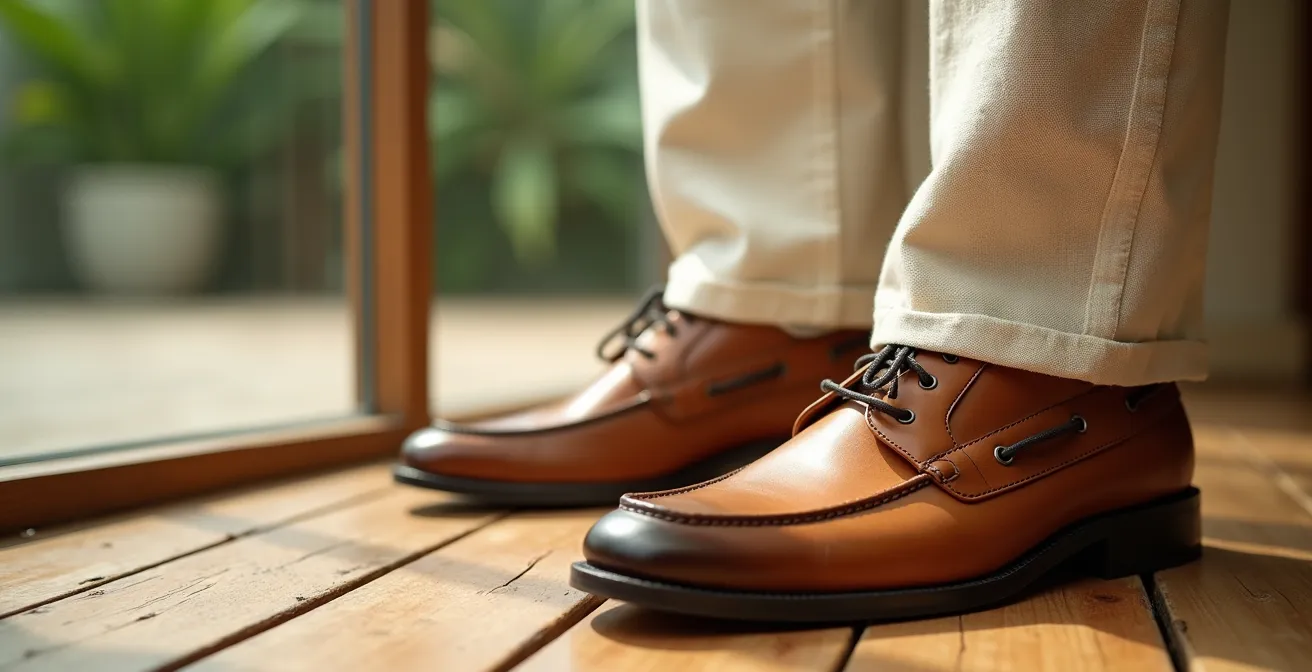Détails d'une tenue élégante tropicale avec chemise en lin et chaussures en cuir