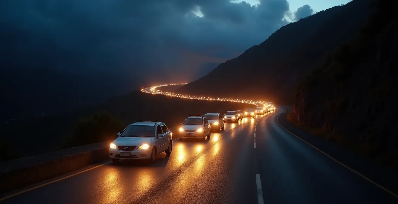 File de véhicules avec phares allumés sur la route sinueuse menant au volcan de nuit