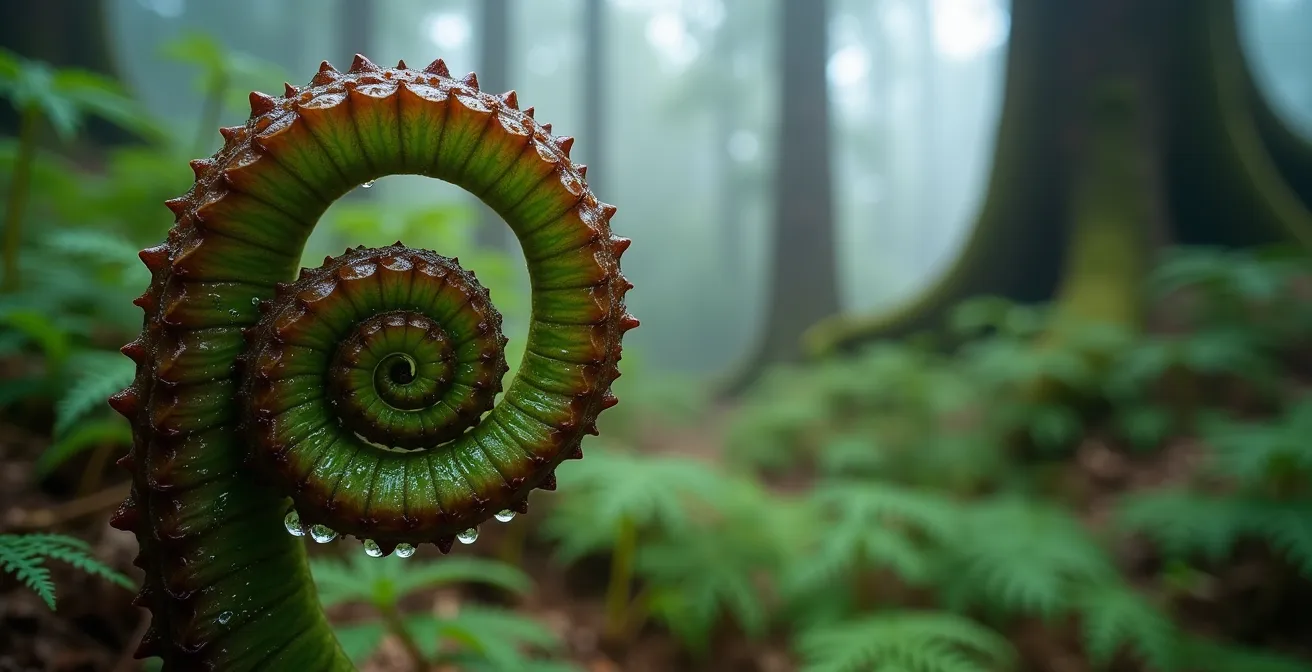 Fougères arborescentes géantes dans la brume de la forêt de Bélouve