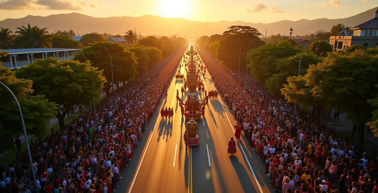 Vue aérienne de la foule massée le long de l'Avenue de la République durant le défilé