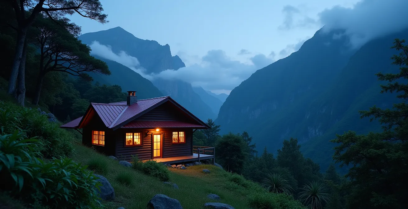 Gîte de montagne traditionnel dans le cirque de Salazie au crépuscule