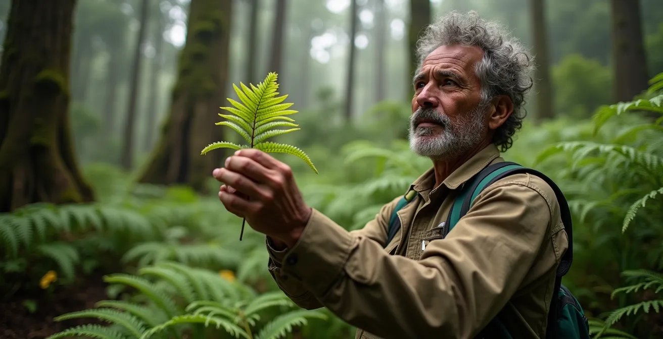 Guide naturaliste Esprit Parc montrant une plante endémique dans la forêt de bois de couleurs