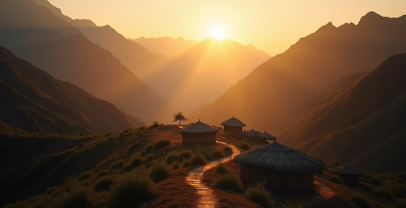 Vue panoramique d'un îlet isolé de Mafate au coucher du soleil avec cases créoles traditionnelles