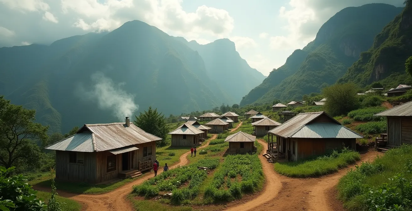 Vue panoramique de l'îlet de La Nouvelle avec ses cases créoles nichées entre les remparts de Mafate