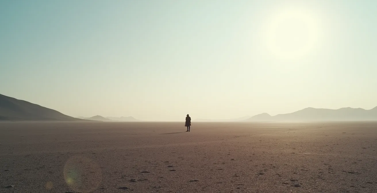 Vue aérienne montrant l'immensité désertique et silencieuse de la Plaine des Sables