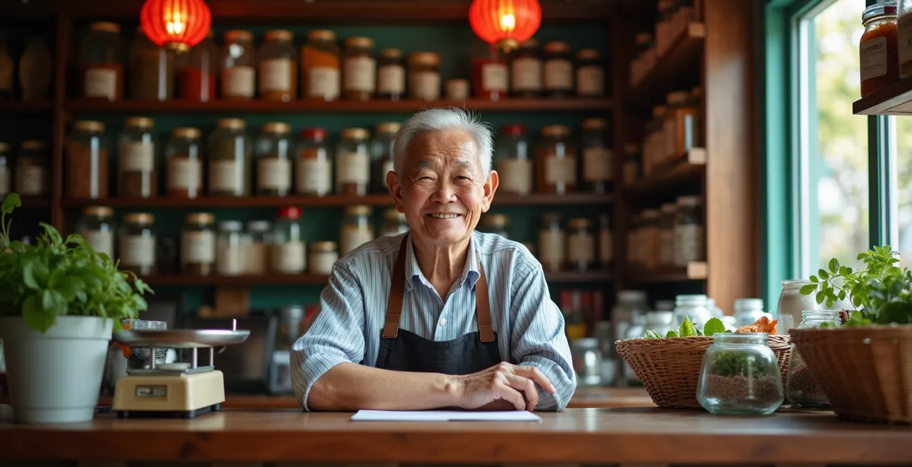 Intérieur authentique d'une boutique chinois dans les Hauts avec étagères et comptoir traditionnel