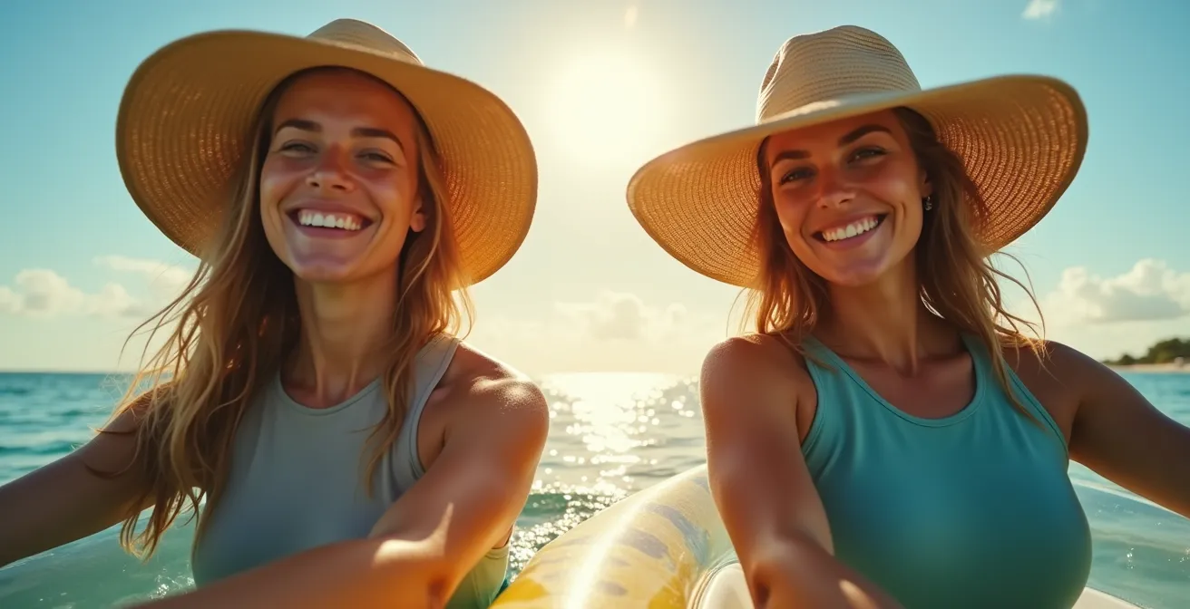 Deux kayakistes portant des chapeaux à larges bords et des lycras anti-UV dans leur kayak transparent sous le soleil tropical