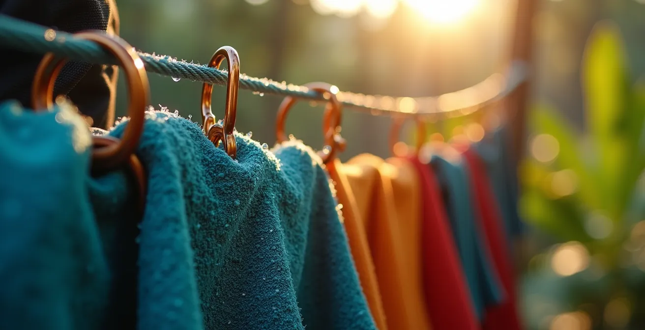 Kit de lessive minimaliste et vêtements séchant sur un sac à dos en randonnée tropicale