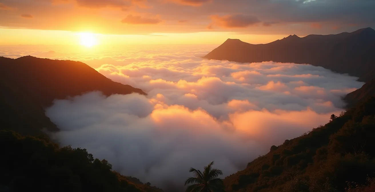 Lever de soleil spectaculaire depuis le belvédère du Maïdo avec mer de nuages sur le cirque de Mafate