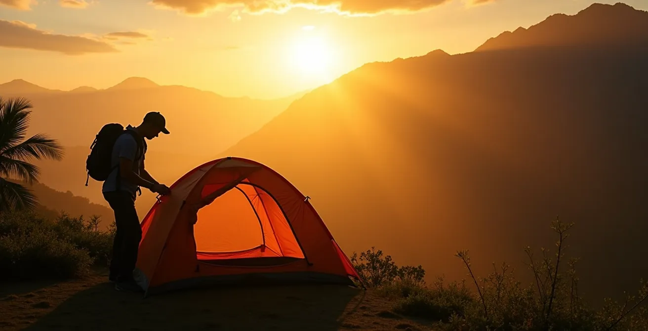 Randonneur démontant sa tente au lever du soleil dans un cirque montagneux de la Réunion