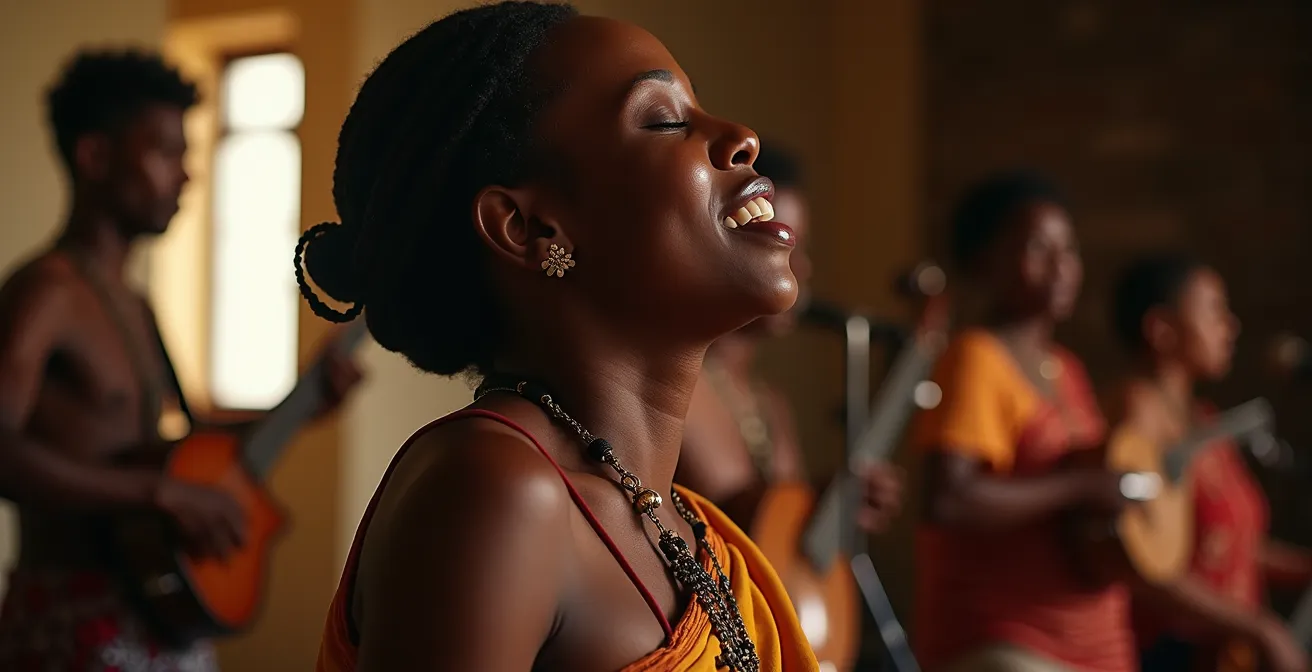 Musicien de maloya en plein mouvement illustrant le balancement caractéristique du rythme ternaire