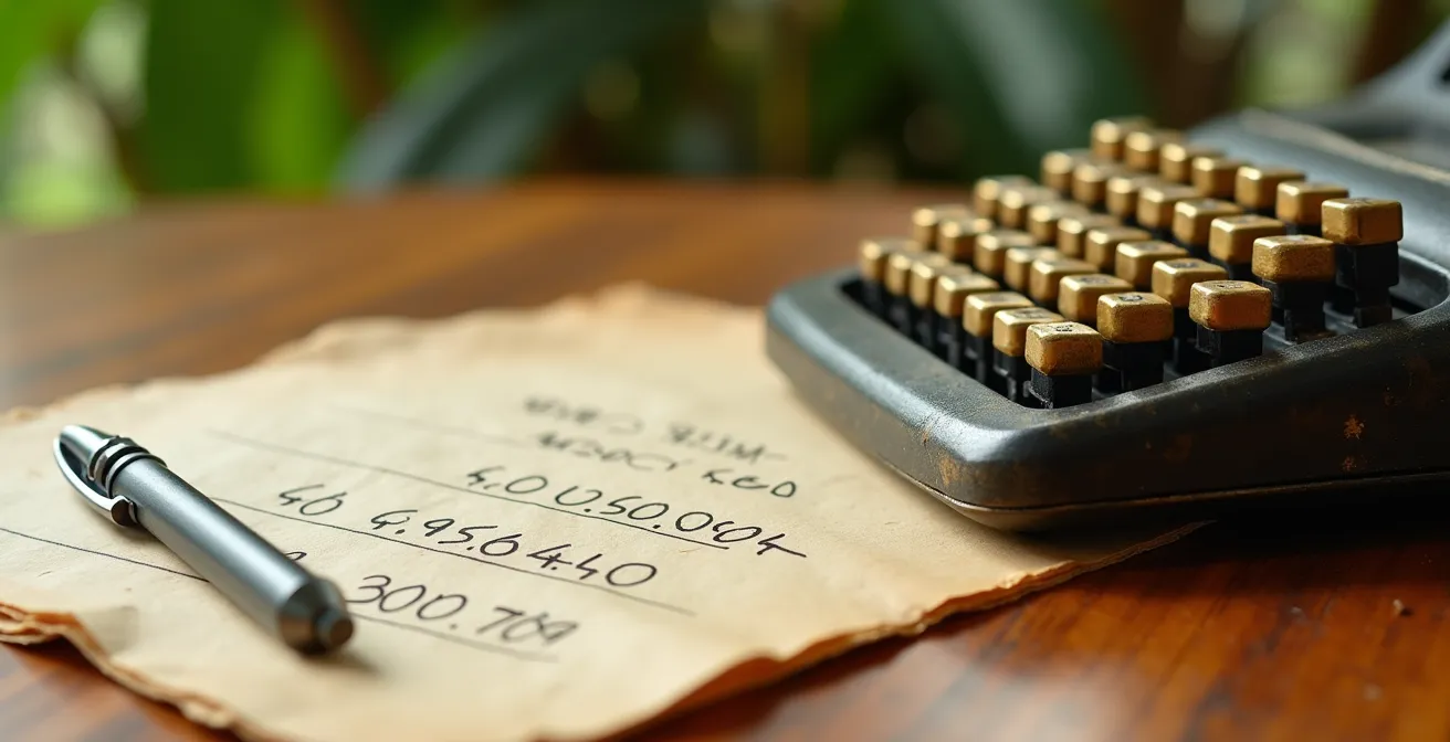 Vue macro sur contrat de location et calculatrice avec végétation tropicale floue en arrière-plan