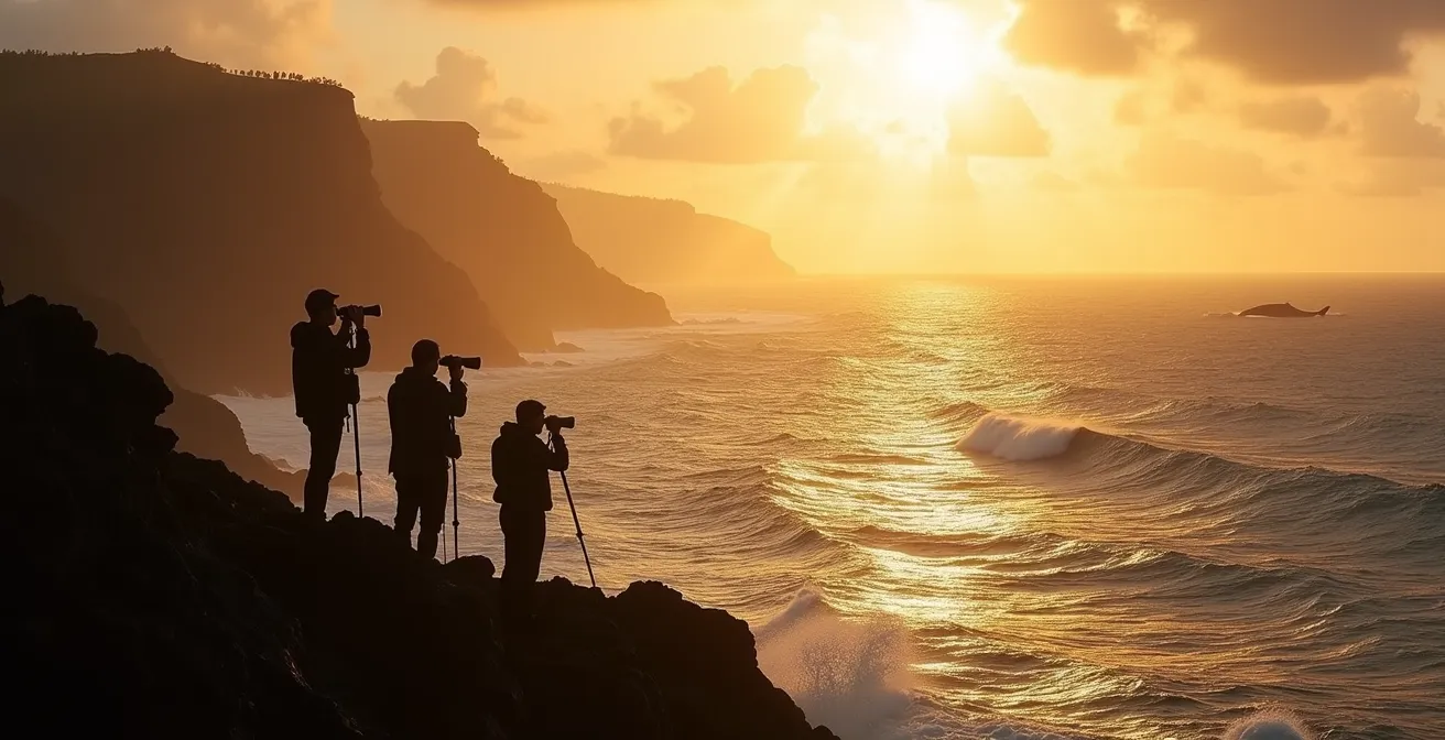 Observation des baleines à bosse depuis la côte au Cap La Houssaye avec des jumelles