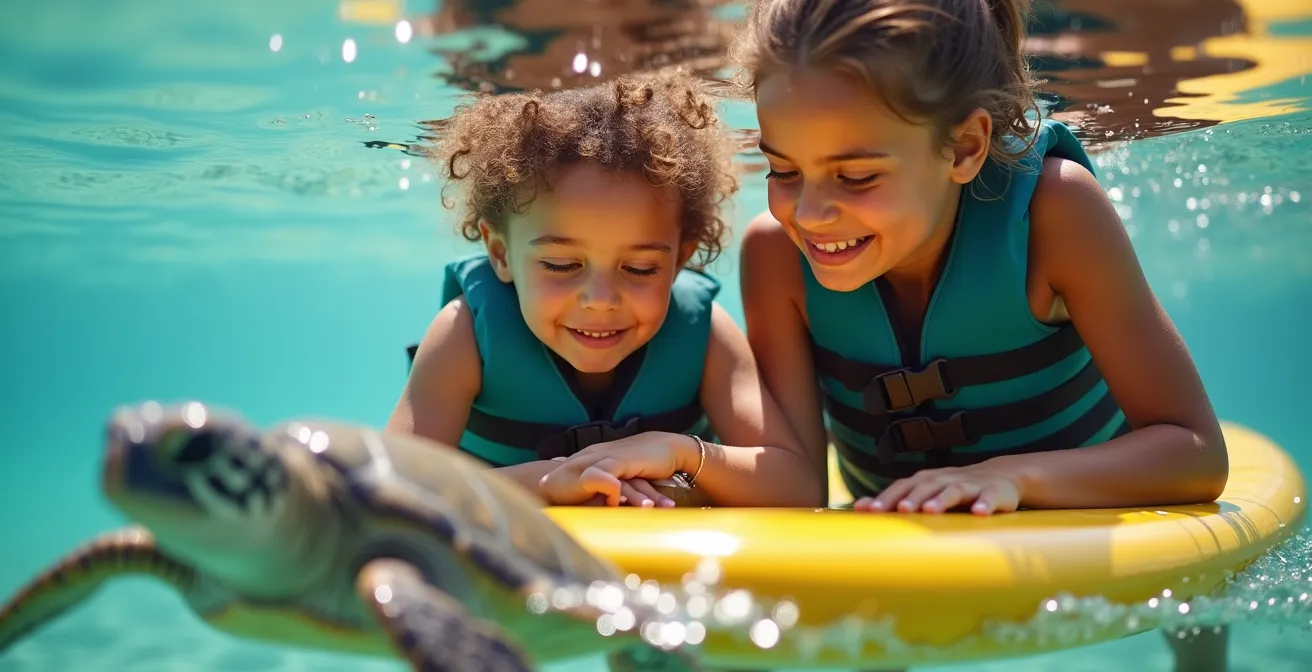 Parent et enfant sur paddle transparent observant une tortue marine dans le lagon