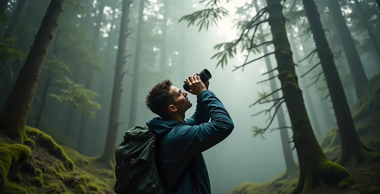 Randonneur observant discrètement la canopée avec des jumelles dans une forêt humide de montagne à la recherche du Tuit-Tuit