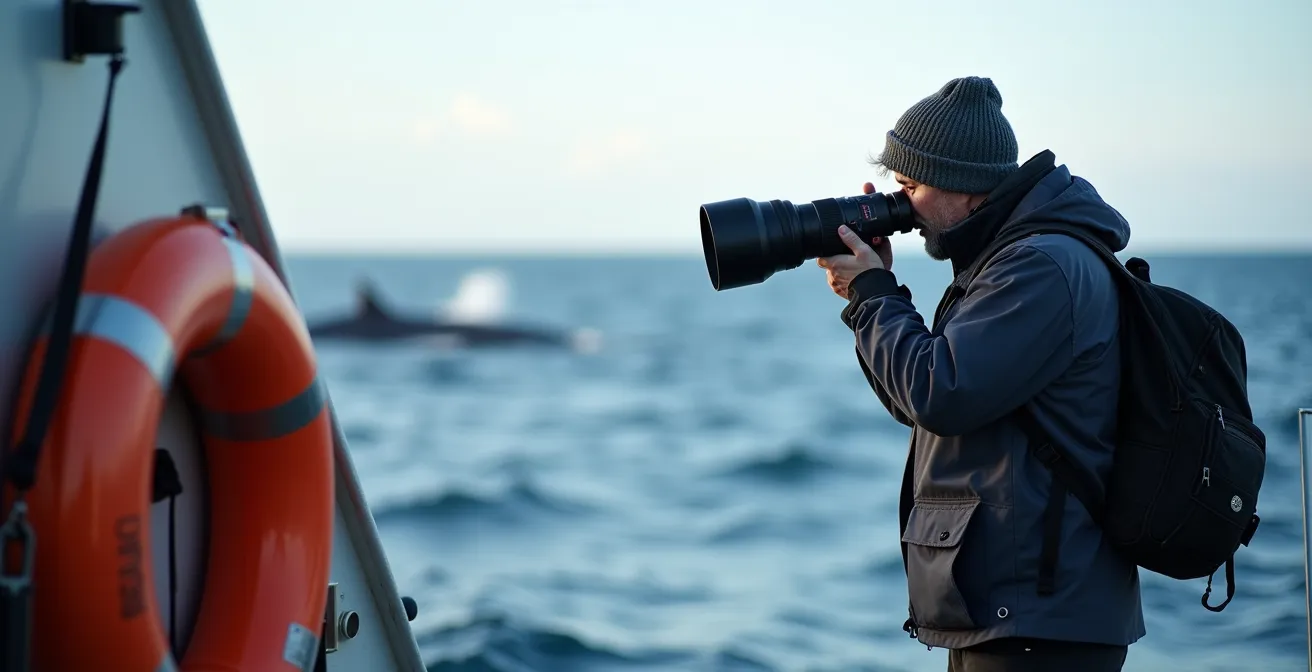 Photographe professionnel avec téléobjectif sur un bateau d'observation des baleines