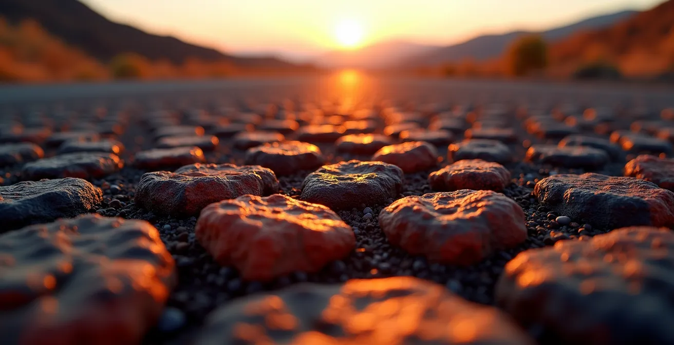 Piste de scories rouges traversant le paysage martien de la Plaine des Sables