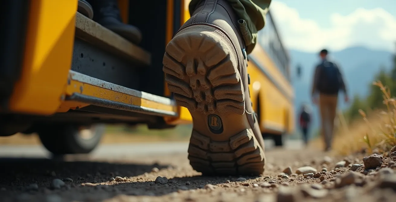 Randonneur descendant d'un car jaune traditionnel au départ d'un sentier de montagne