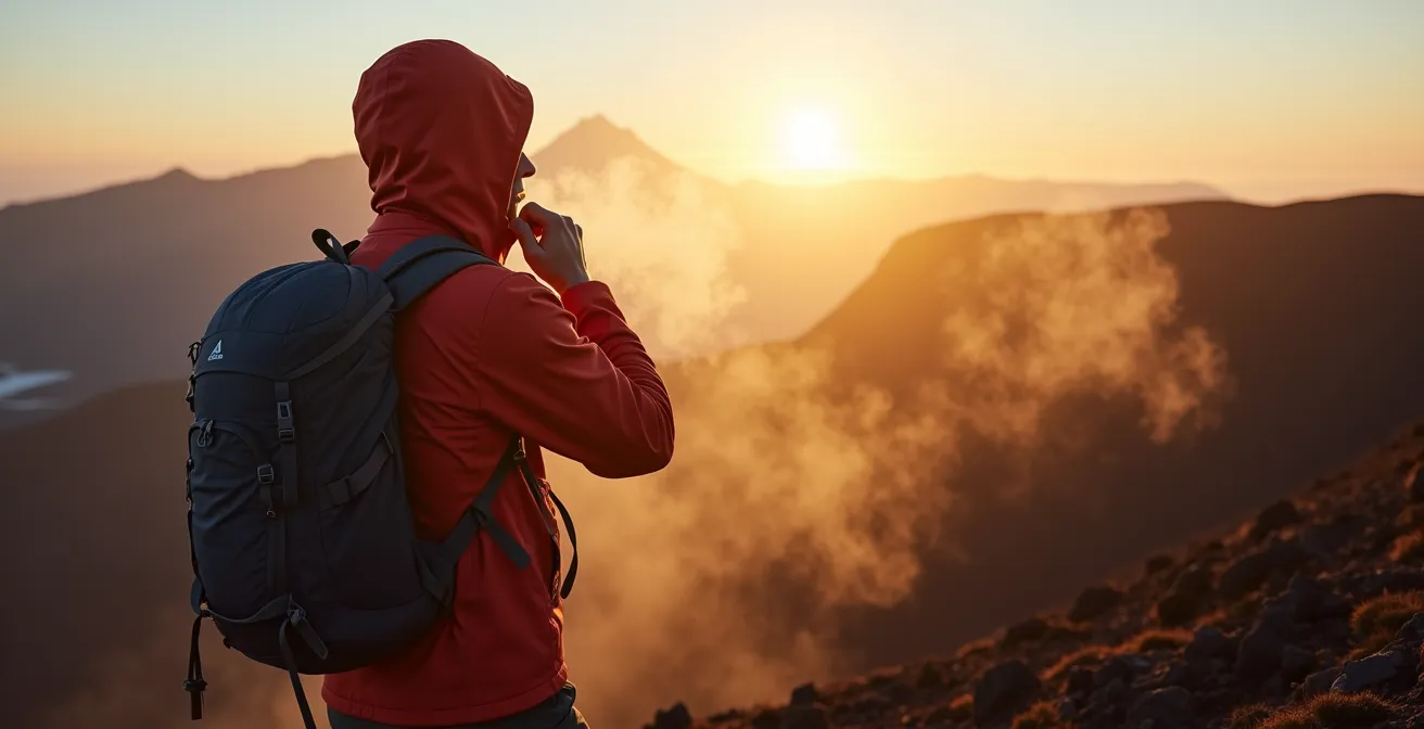 Randonneur équipé du système trois couches sur les pentes du Piton de la Fournaise