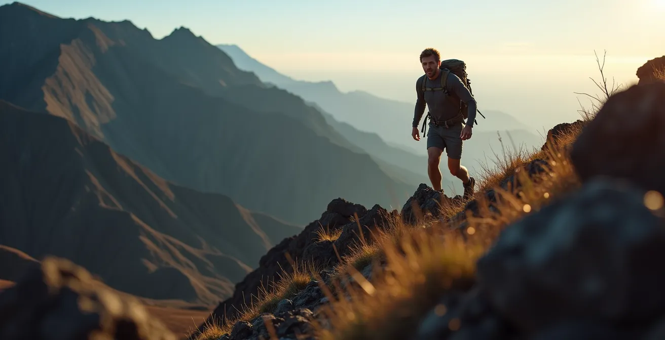 Randonneur gravissant les pentes volcaniques escarpées du Piton des Neiges avec équipement technique