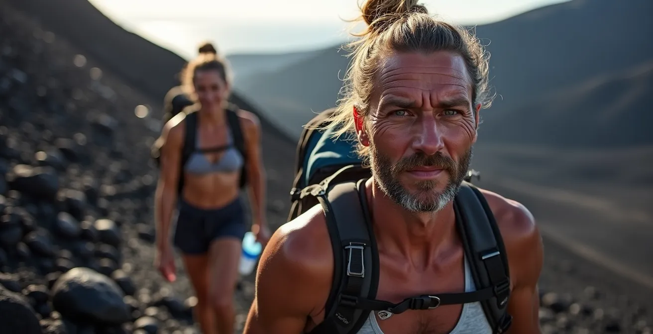 Randonneurs sur les pentes du volcan sous un soleil intense avec la roche basaltique noire