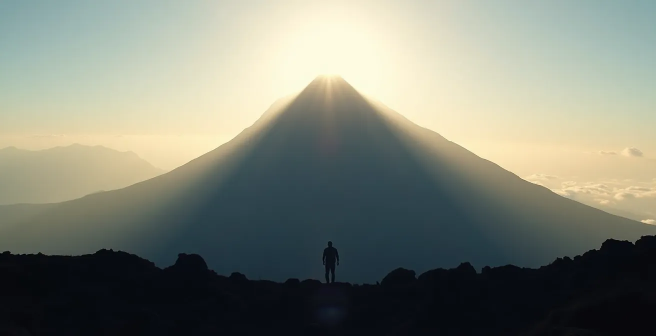 Vue comparative montrant la hauteur originelle estimée du Piton des Neiges il y a 200 000 ans