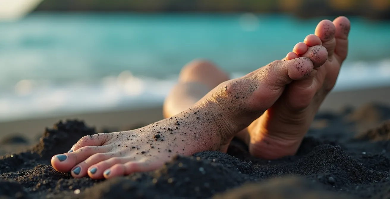 Coureur effectuant des étirements doux de récupération sur une plage de sable volcanique à La Réunion
