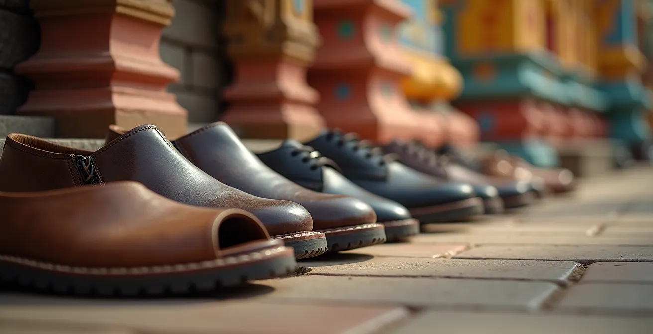 Chaussures alignées à l'entrée d'un temple tamoul coloré
