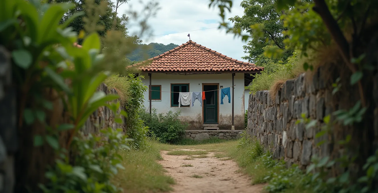 Vue respectueuse d'une case créole traditionnelle dans un îlet de Mafate