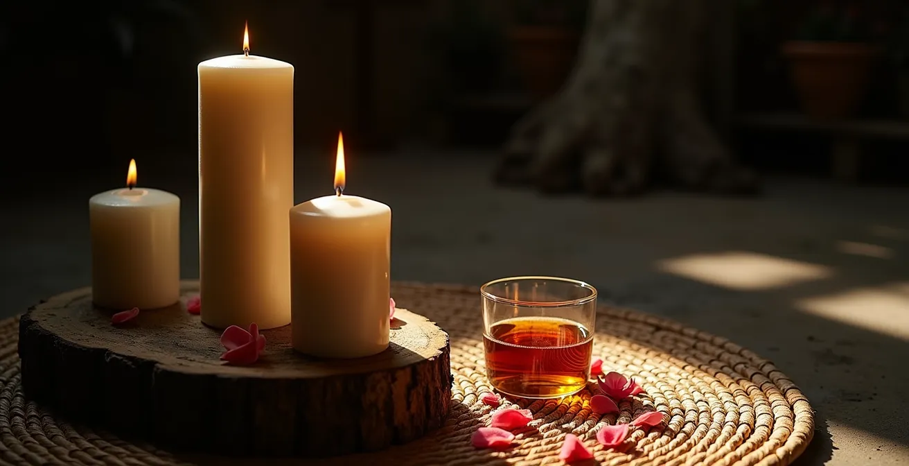 Atmosphère intime d'un service kabaré avec bougies et offrandes traditionnelles