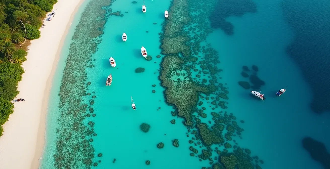 Vue aérienne du lagon de l'Ermitage à la Réunion montrant les zones protégées idéales pour le baptême de plongée