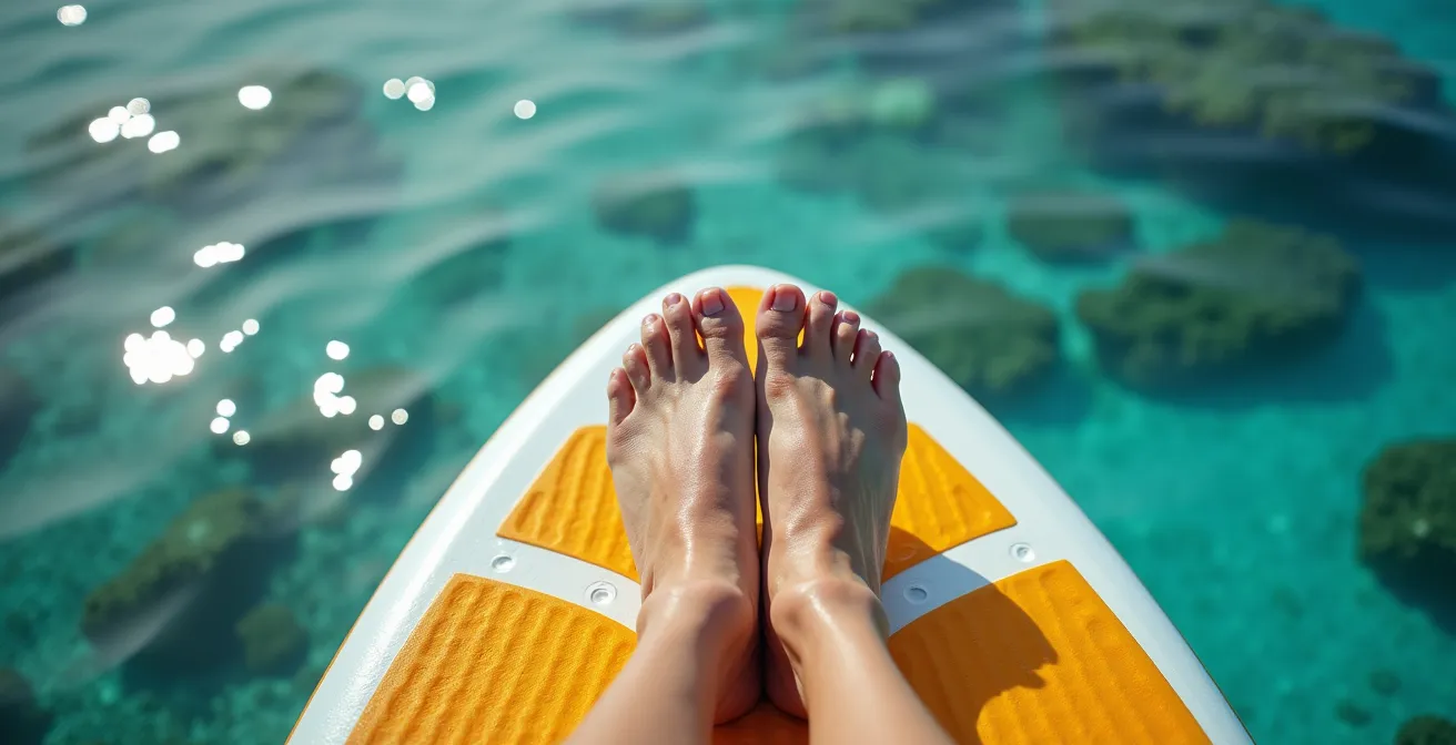 Gros plan sur les pieds d'un paddler débutant sur sa planche dans le lagon cristallin
