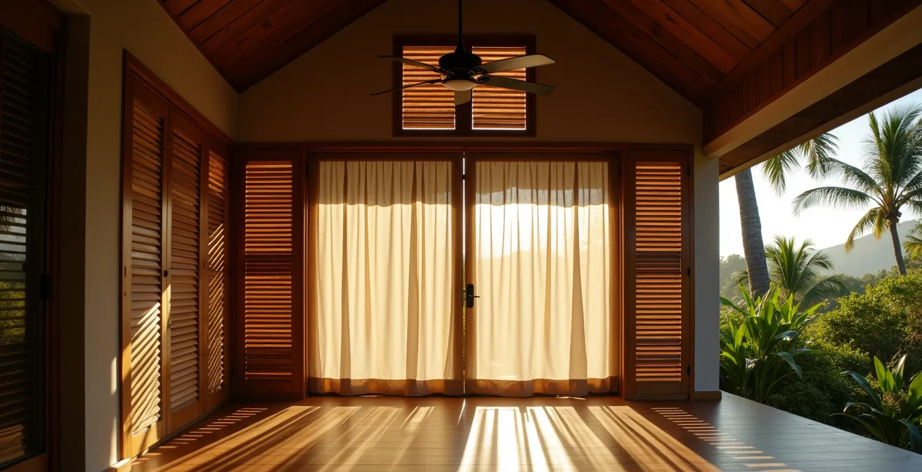 Varangue traditionnelle réunionnaise avec persiennes et ventilation naturelle dans les hauts de l'île